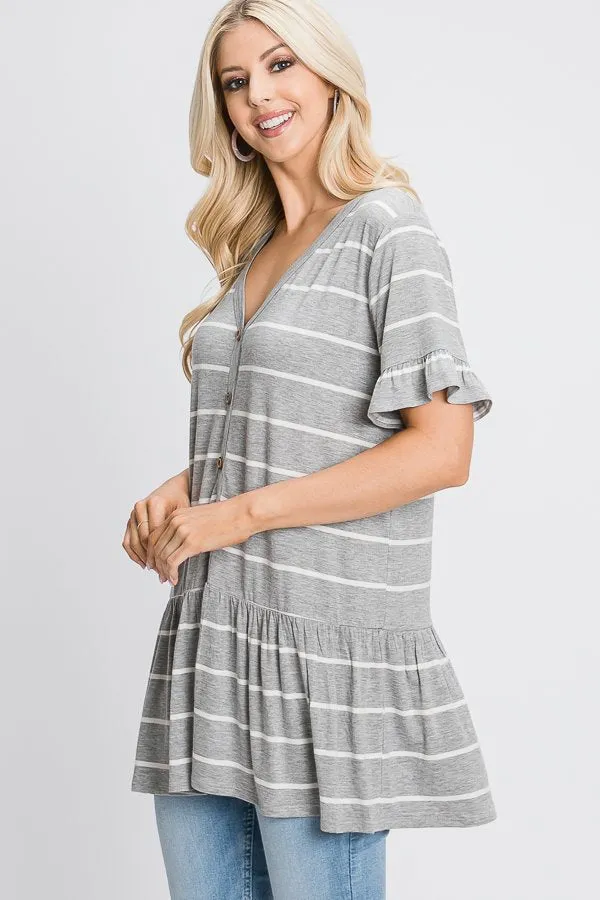 Short-Sleeved Ruffle Tunic in Light Heather Grey Stripe