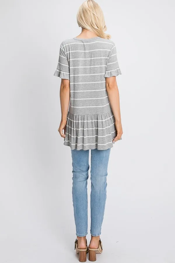 Short-Sleeved Ruffle Tunic in Light Heather Grey Stripe