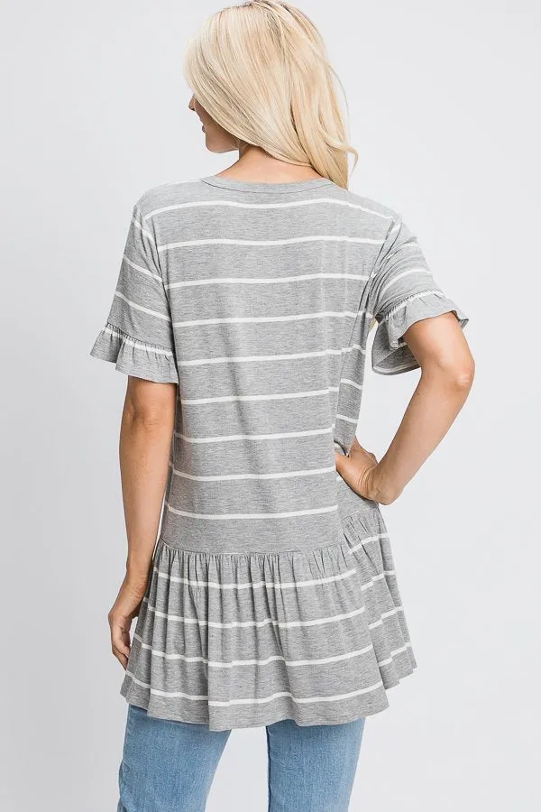 Short-Sleeved Ruffle Tunic in Light Heather Grey Stripe