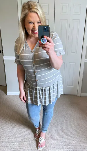Short-Sleeved Ruffle Tunic in Light Heather Grey Stripe