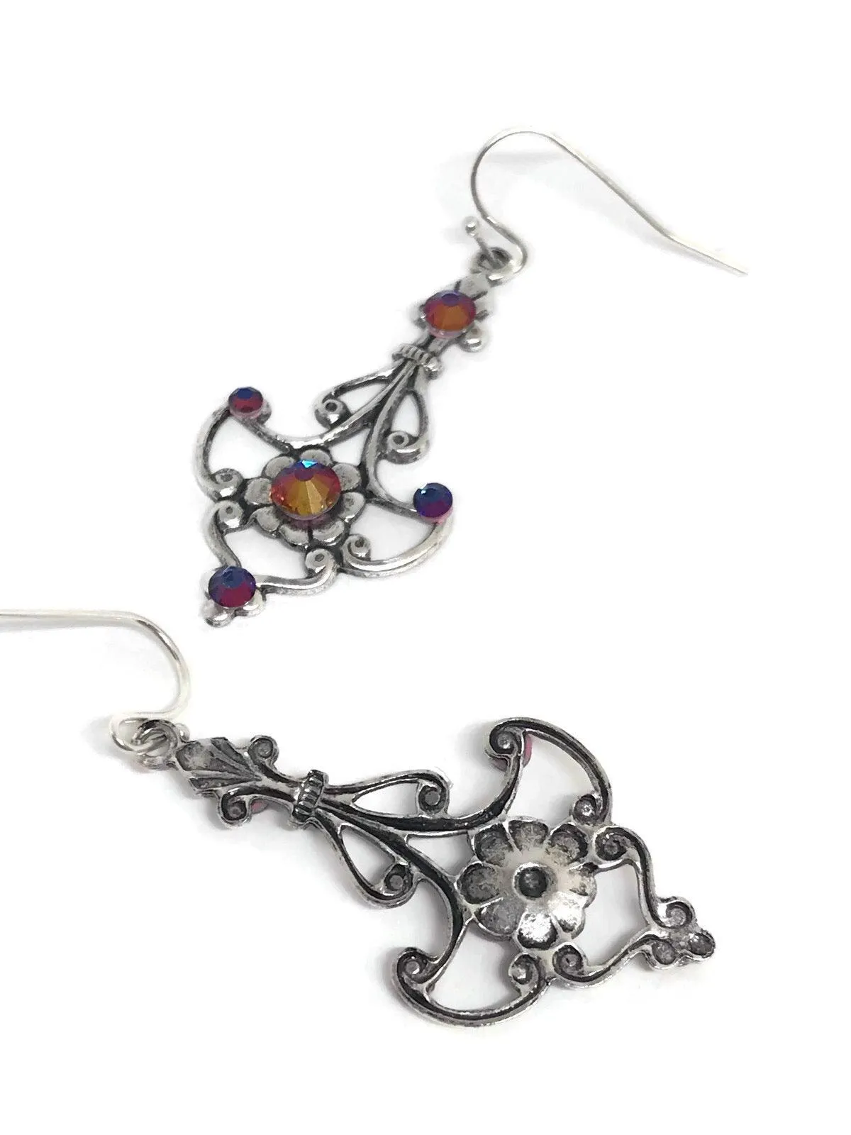 Silver Filigree Crystal Drop Earrings