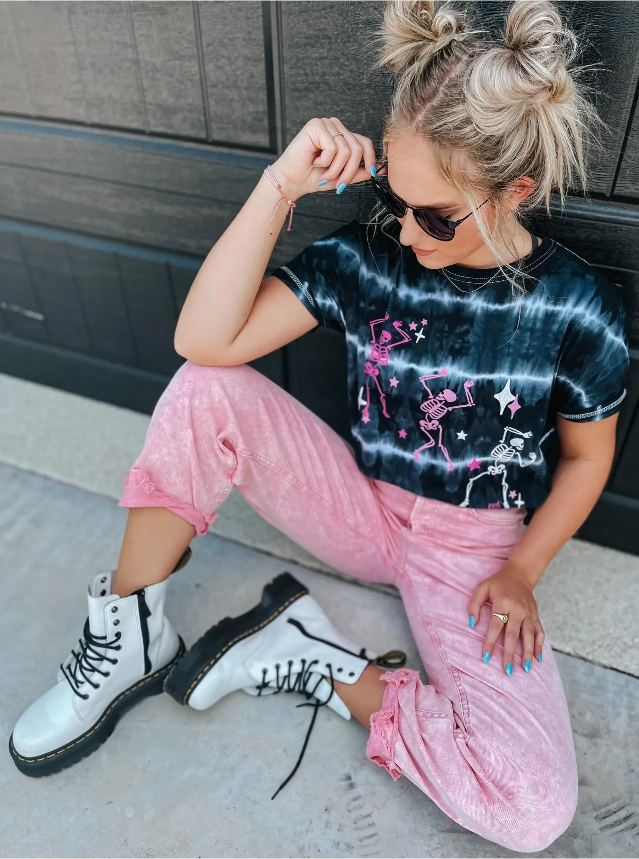 Skeleton Dance Tie-Dye Graphic Tee in Black
