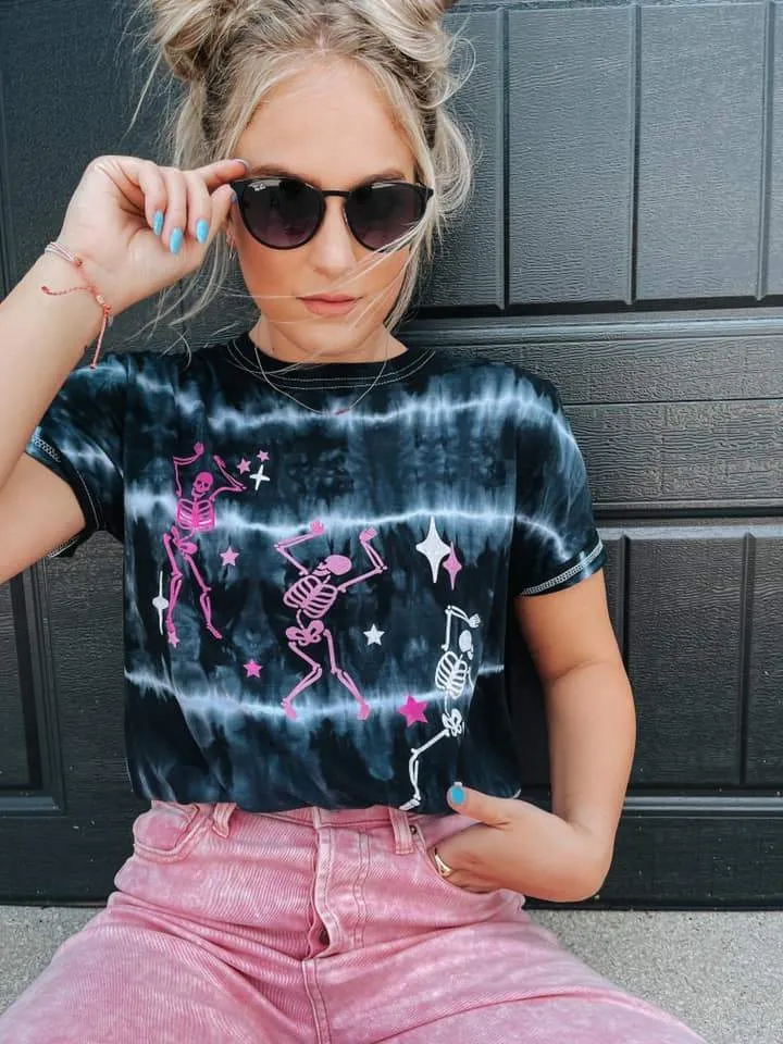 Skeleton Dance Tie-Dye Graphic Tee in Black
