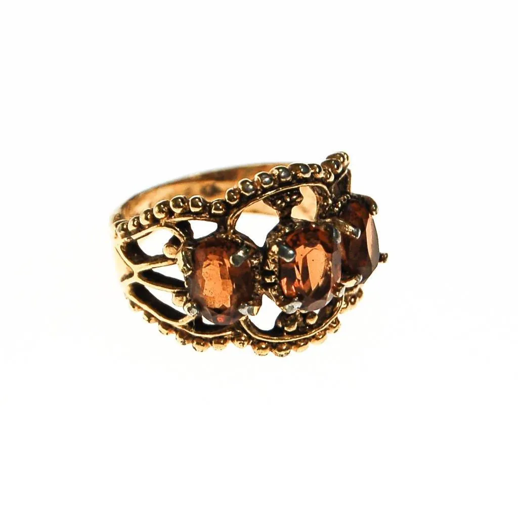 Smokey Topaz Crystal Three Stone Wide Band Ring