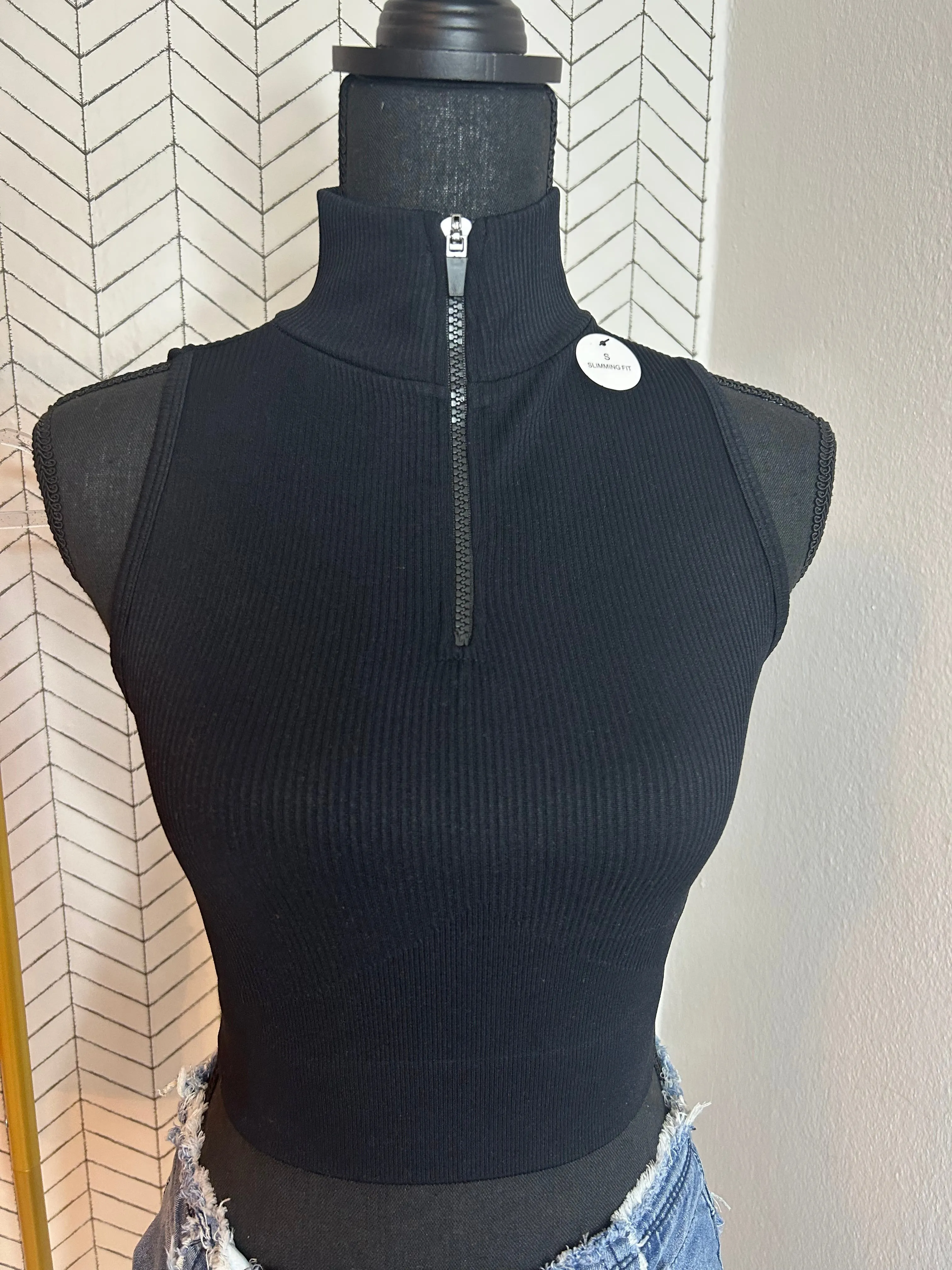 Solid Fine Ribbed Half Zip Mock Neck Crop Tank Top