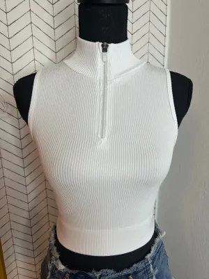 Solid Fine Ribbed Half Zip Mock Neck Crop Tank Top