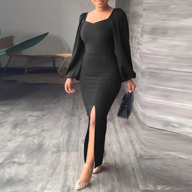 Solid Lantern Sleeve High Slit Maxi Dress