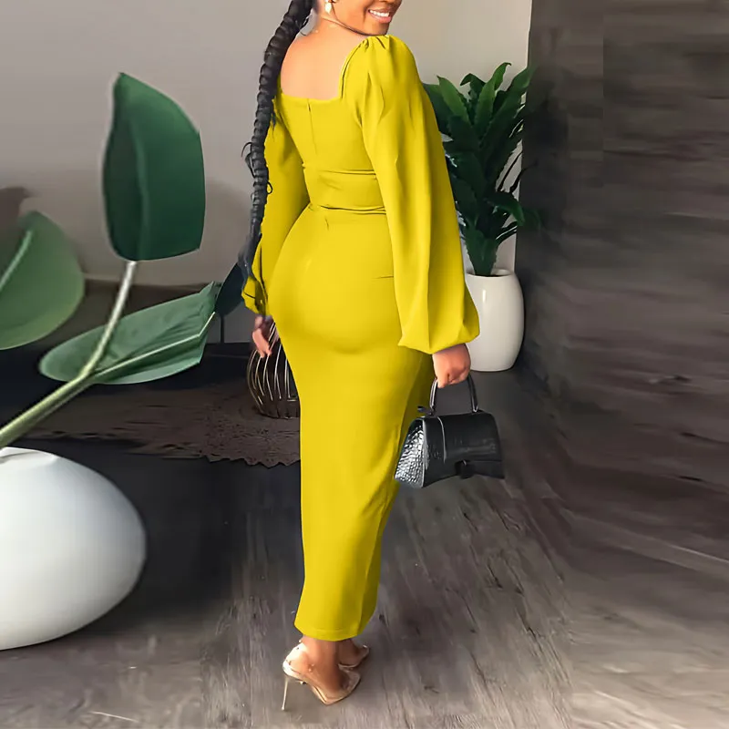 Solid Lantern Sleeve High Slit Maxi Dress