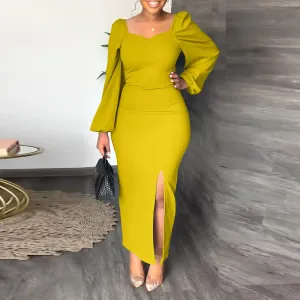 Solid Lantern Sleeve High Slit Maxi Dress