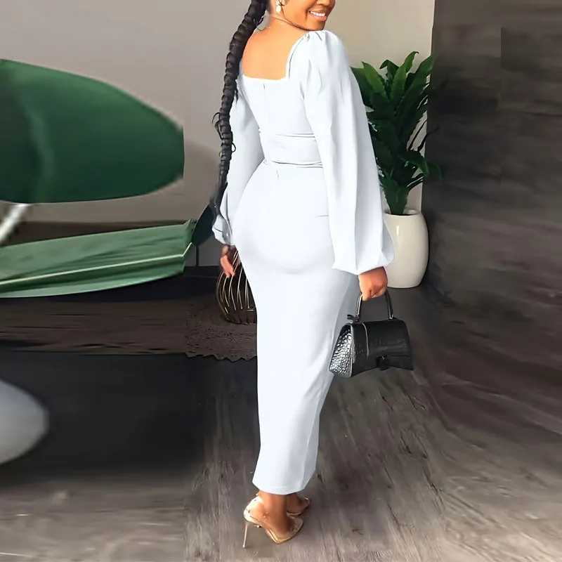 Solid Lantern Sleeve High Slit Maxi Dress