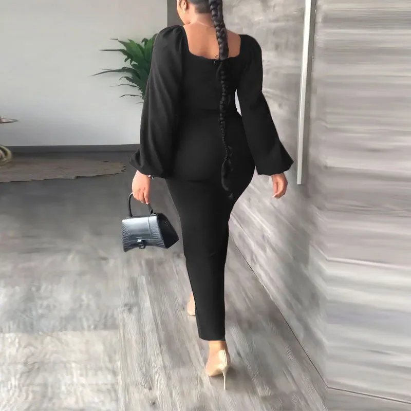 Solid Lantern Sleeve High Slit Maxi Dress