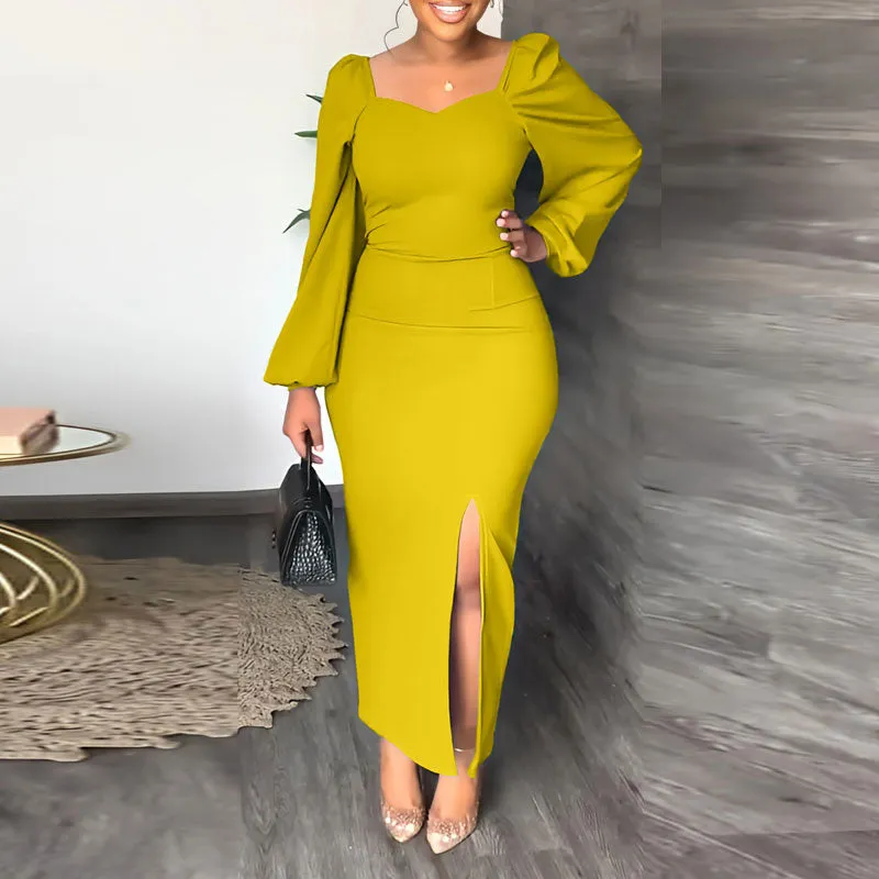 Solid Lantern Sleeve High Slit Maxi Dress