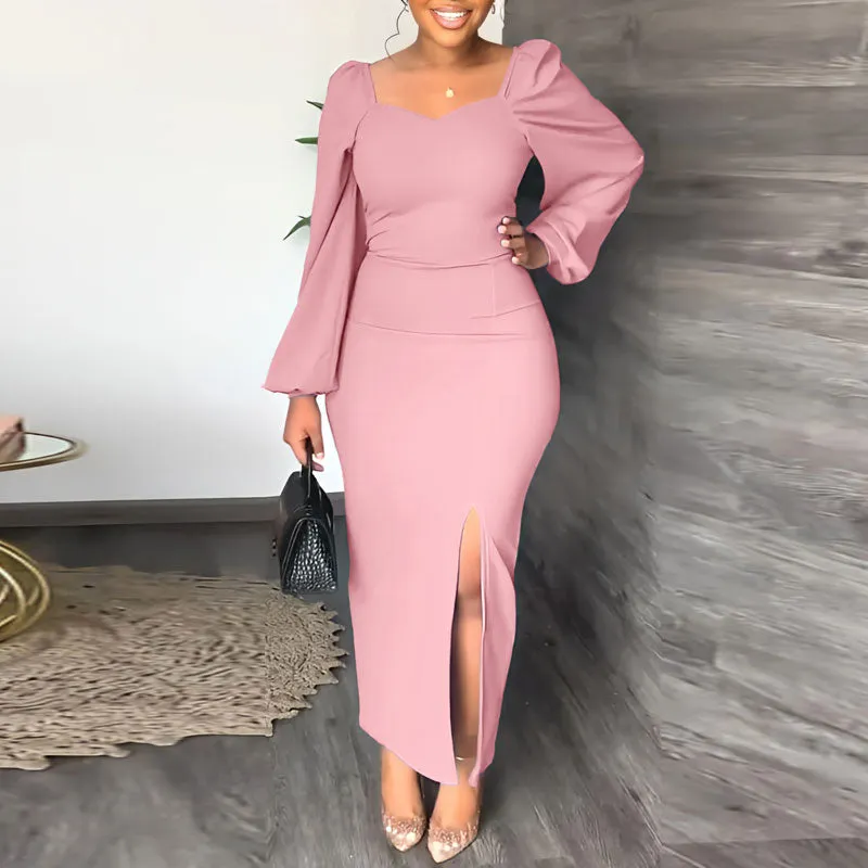 Solid Lantern Sleeve High Slit Maxi Dress