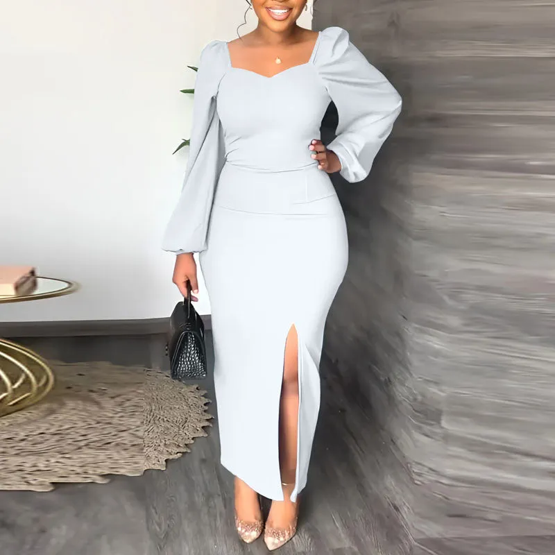 Solid Lantern Sleeve High Slit Maxi Dress