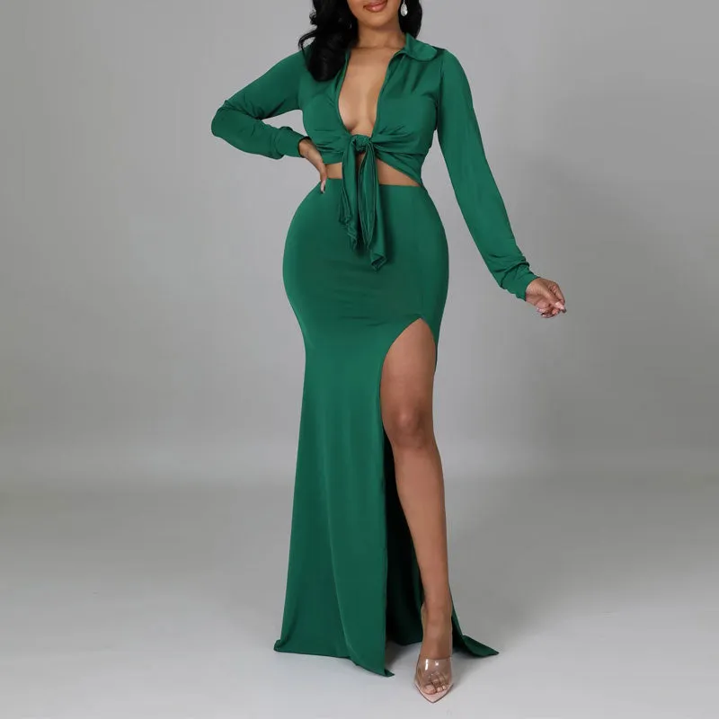 Solid Long Sleeve Blouse & High Slit Skirt Set