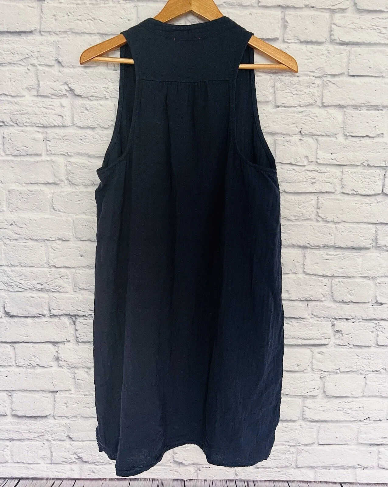STARK X for Anthropologie Midi Dress Sz M Navy Blue Sleeveless Split Neck Gauze