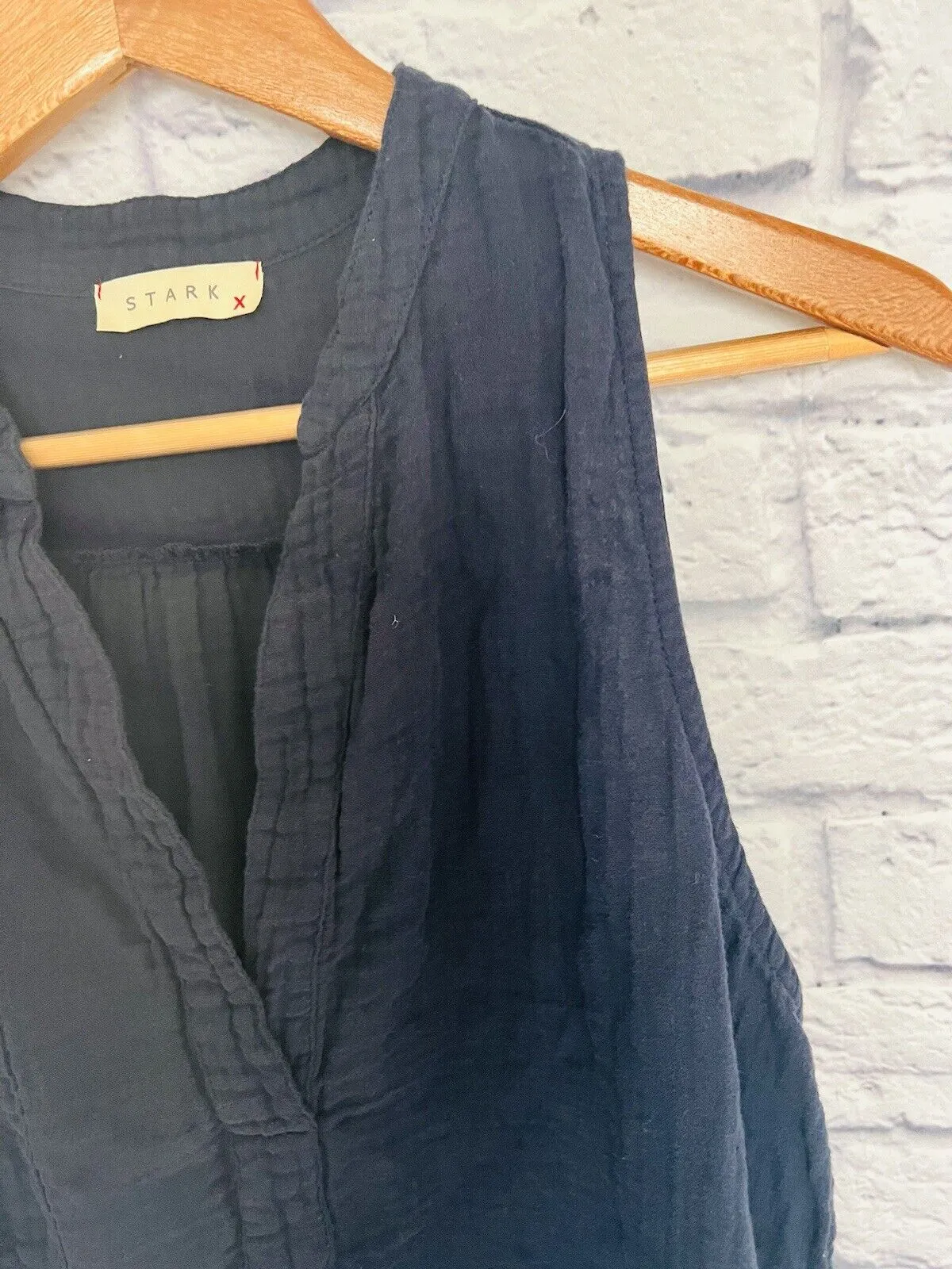 STARK X for Anthropologie Midi Dress Sz M Navy Blue Sleeveless Split Neck Gauze