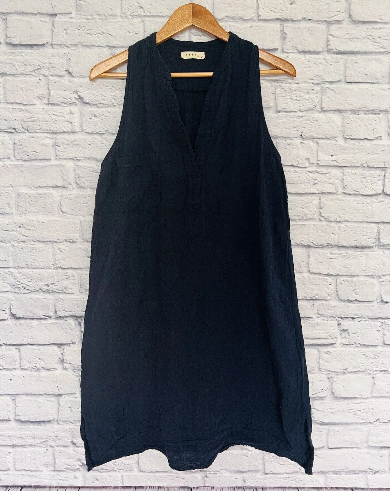 STARK X for Anthropologie Midi Dress Sz M Navy Blue Sleeveless Split Neck Gauze