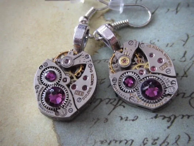 Steampunk ear gear - Amethyst - Steampunk Earrings - Repurposed art