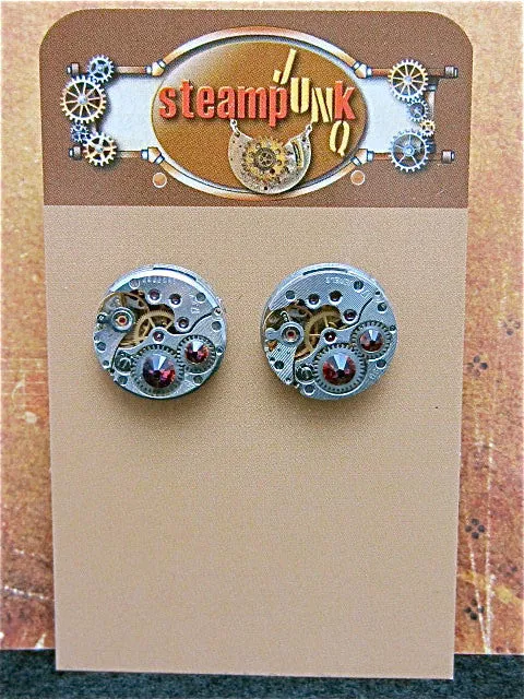 Steampunk Stud Earrings with Mechanical Watch Movements and Real Swarovski crystals, Steampunk Earrings