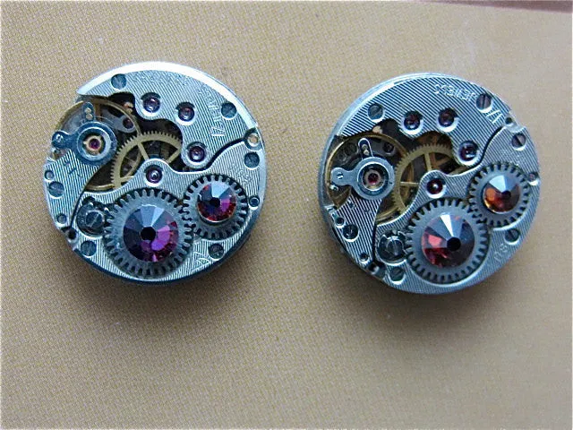 Steampunk Stud Earrings with Mechanical Watch Movements and Real Swarovski crystals, Steampunk Earrings