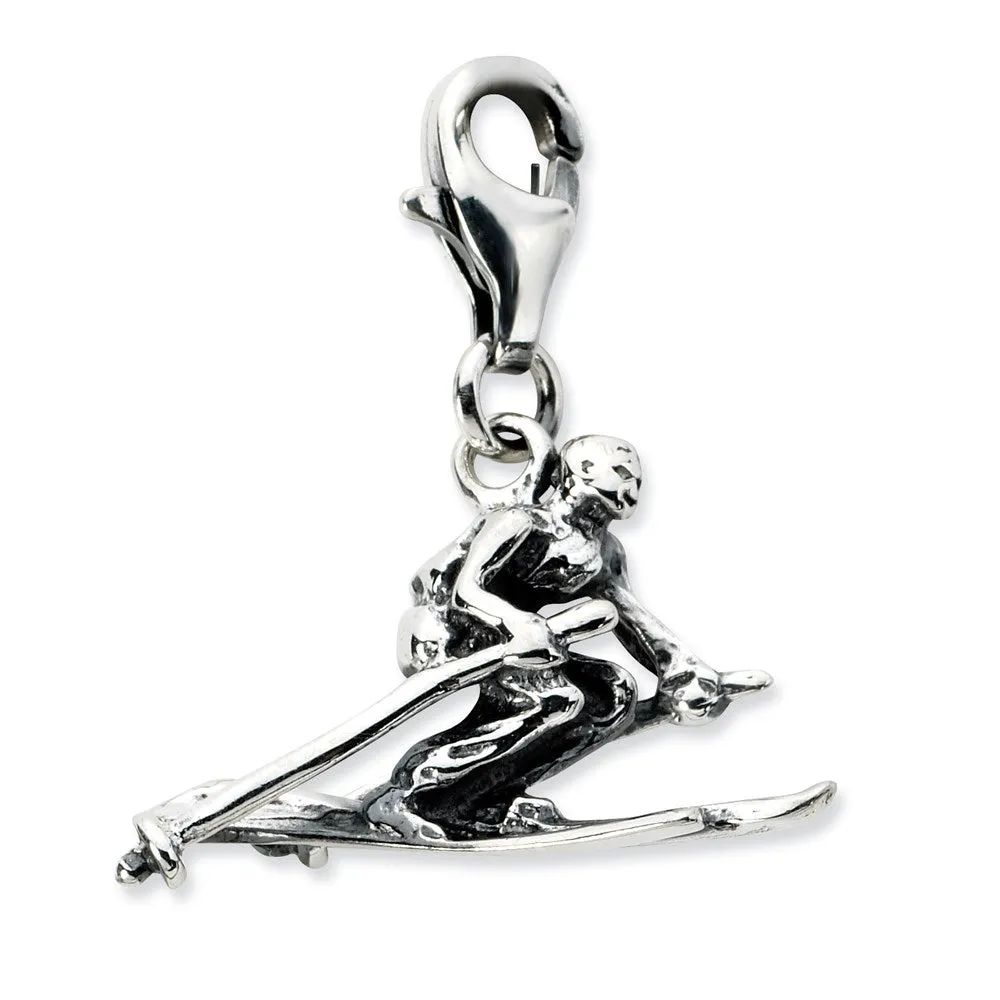 Sterling Silver 3-D Antiqued Skier w/Lobster Clasp Charm