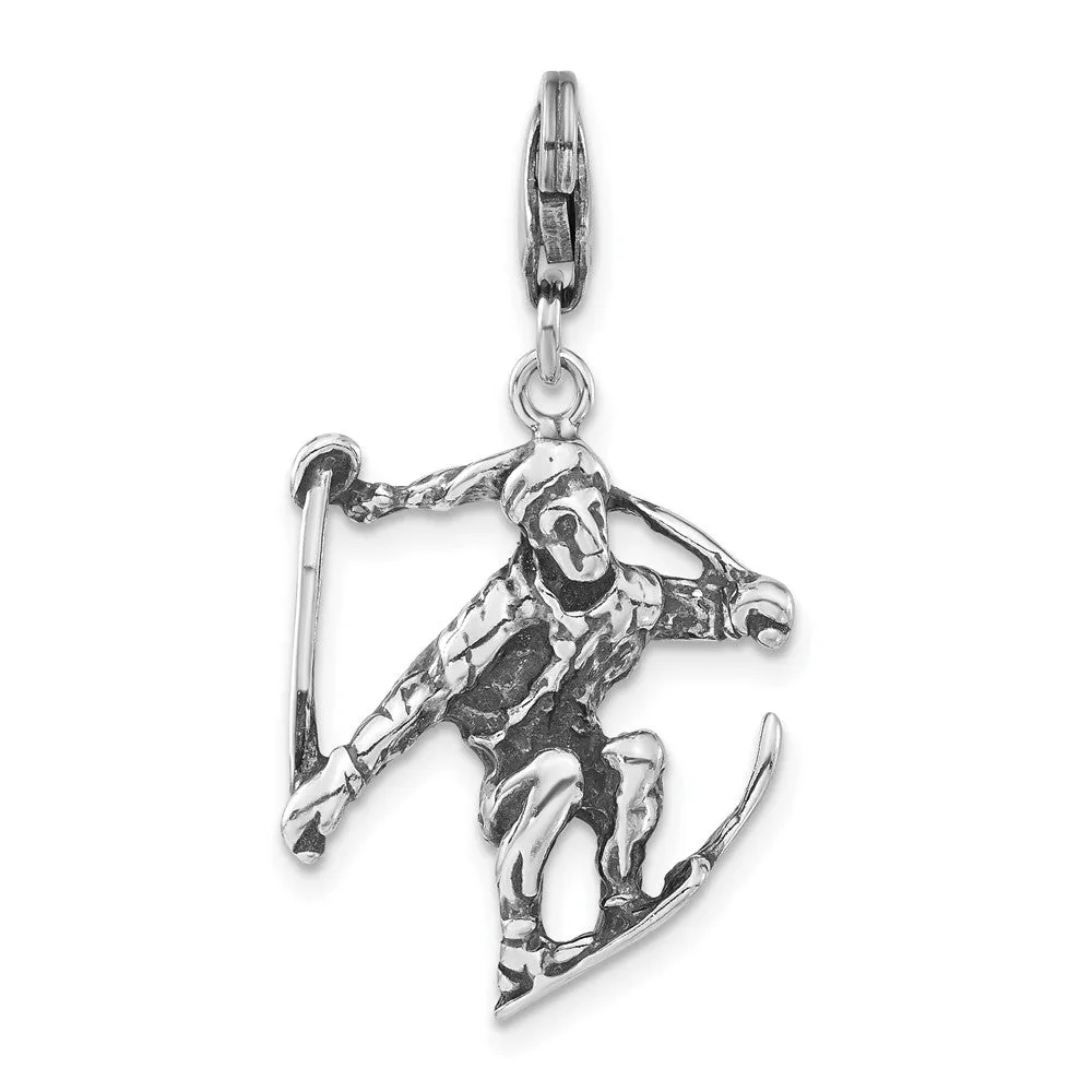 Sterling Silver 3-D Antiqued Skier w/Lobster Clasp Charm