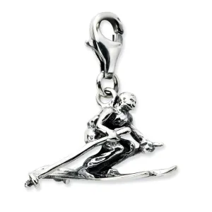 Sterling Silver 3-D Antiqued Skier w/Lobster Clasp Charm