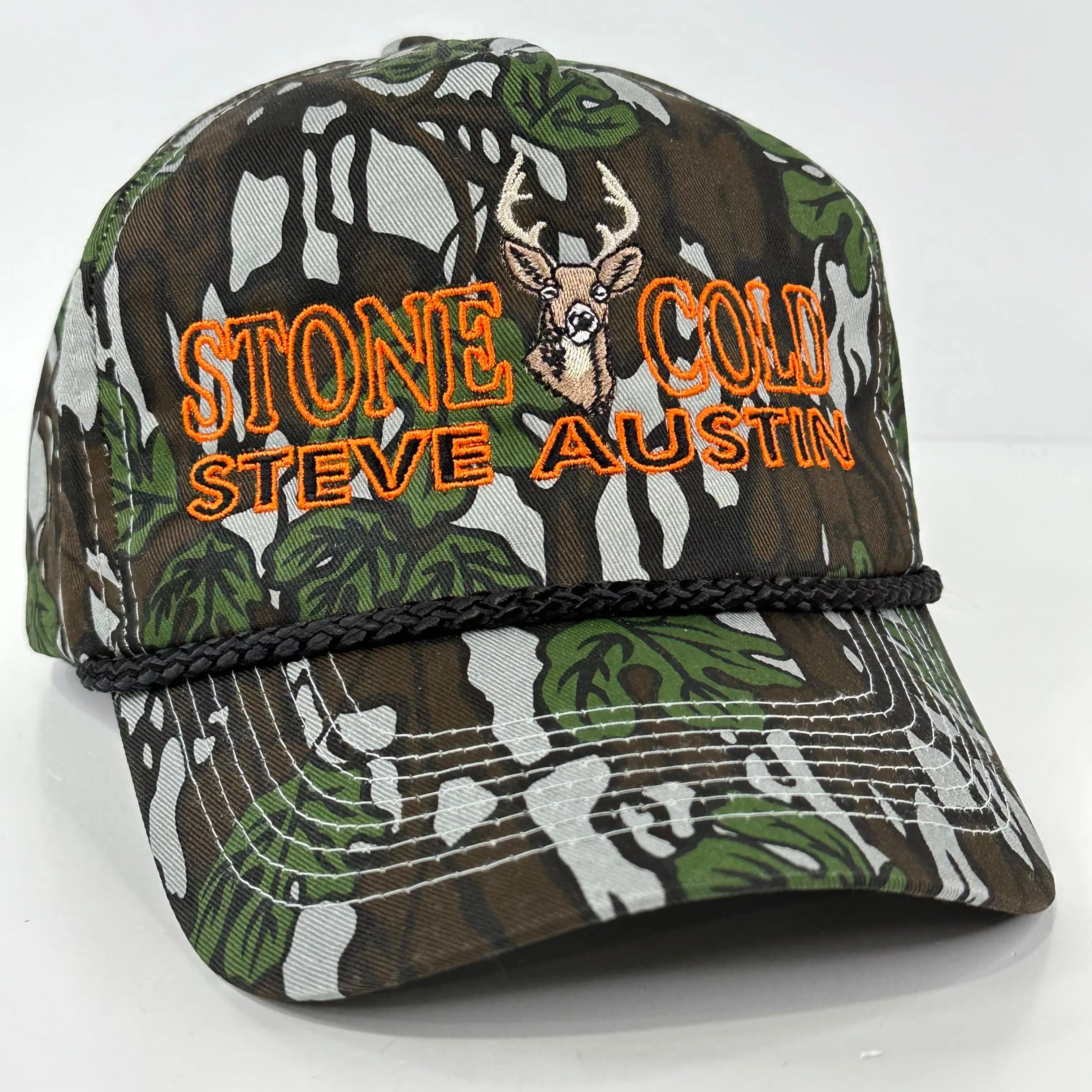 STONE COLD Hunting on a Vintage GREEN CAMO Rope SNAPBACK CAP Deer HAT CUSTOM EMBROIDERED