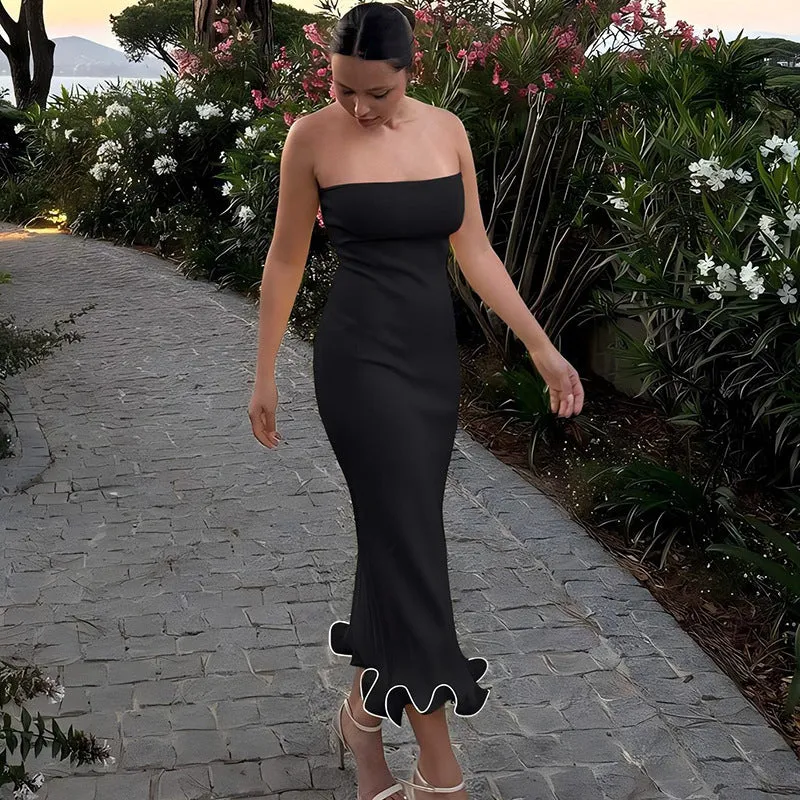 Strapless  long wavy skirt hem dress