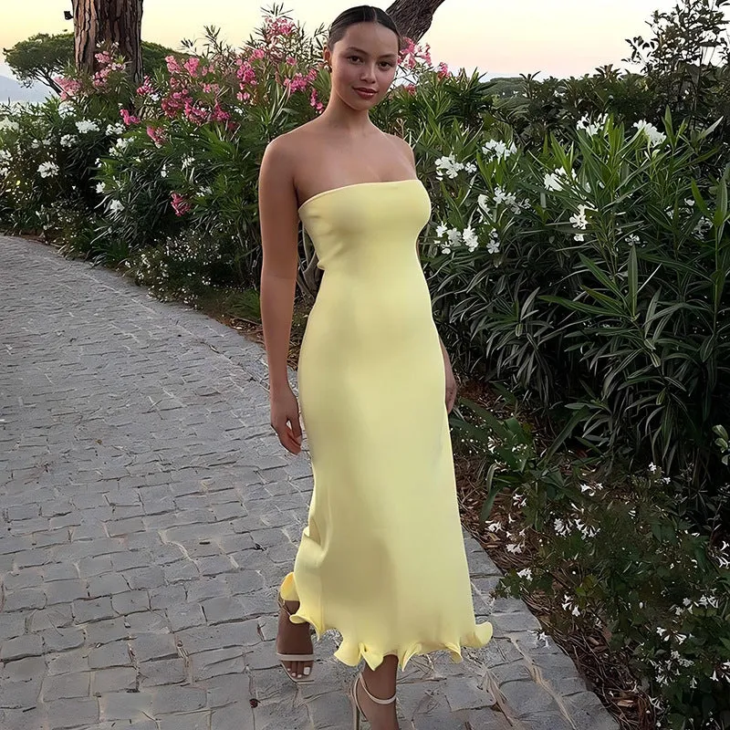Strapless  long wavy skirt hem dress