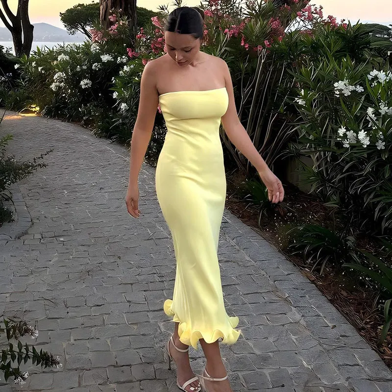 Strapless  long wavy skirt hem dress