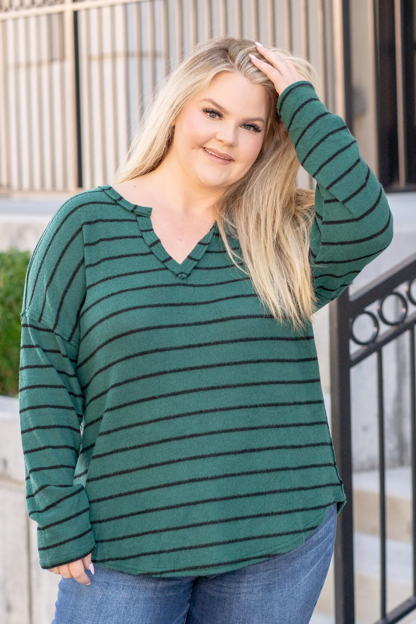 Striped Raw Edge Sweater - Hunter Green