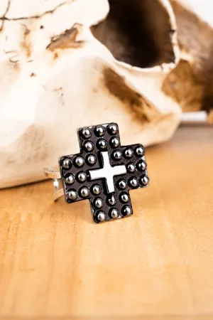 Studding Cross Silvertone Cuff Ring