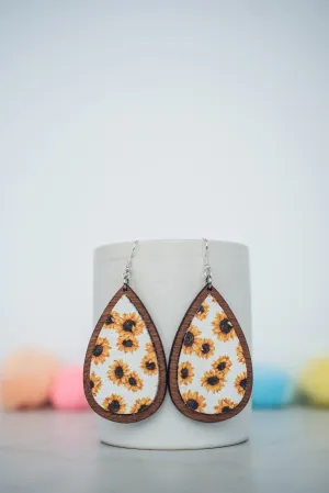 Sunflower Leather & Wooden Teardrop Dangle Earrings