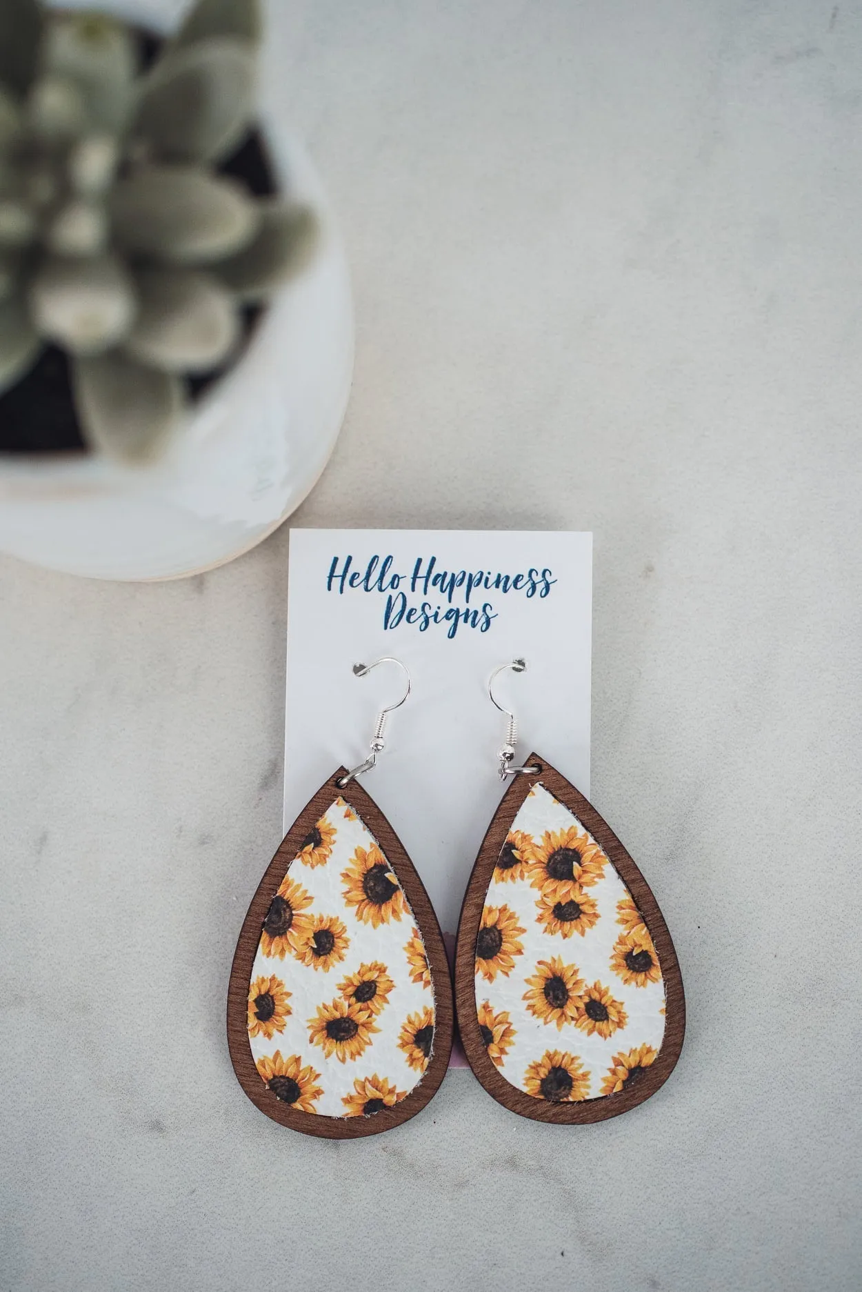 Sunflower Leather & Wooden Teardrop Dangle Earrings