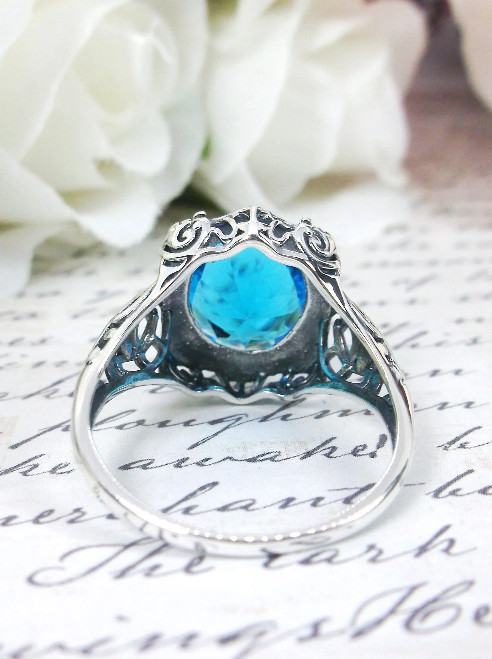 Swiss Blue Topaz Ring, Oval Art Nouveau Style, Vintage Sterling Silver Filigree Ring, Beauty Ring, D229
