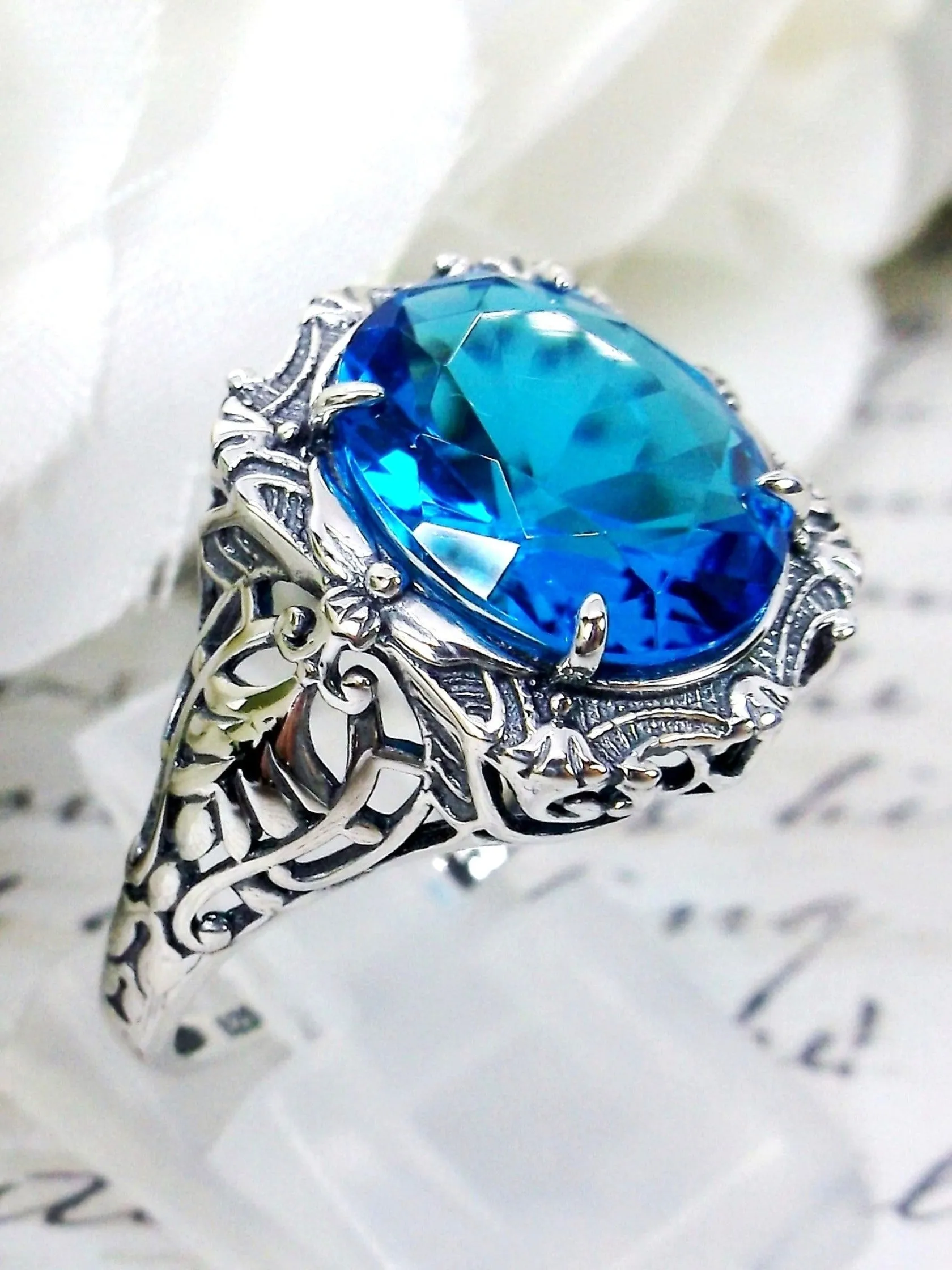 Swiss Blue Topaz Ring, Oval Art Nouveau Style, Vintage Sterling Silver Filigree Ring, Beauty Ring, D229