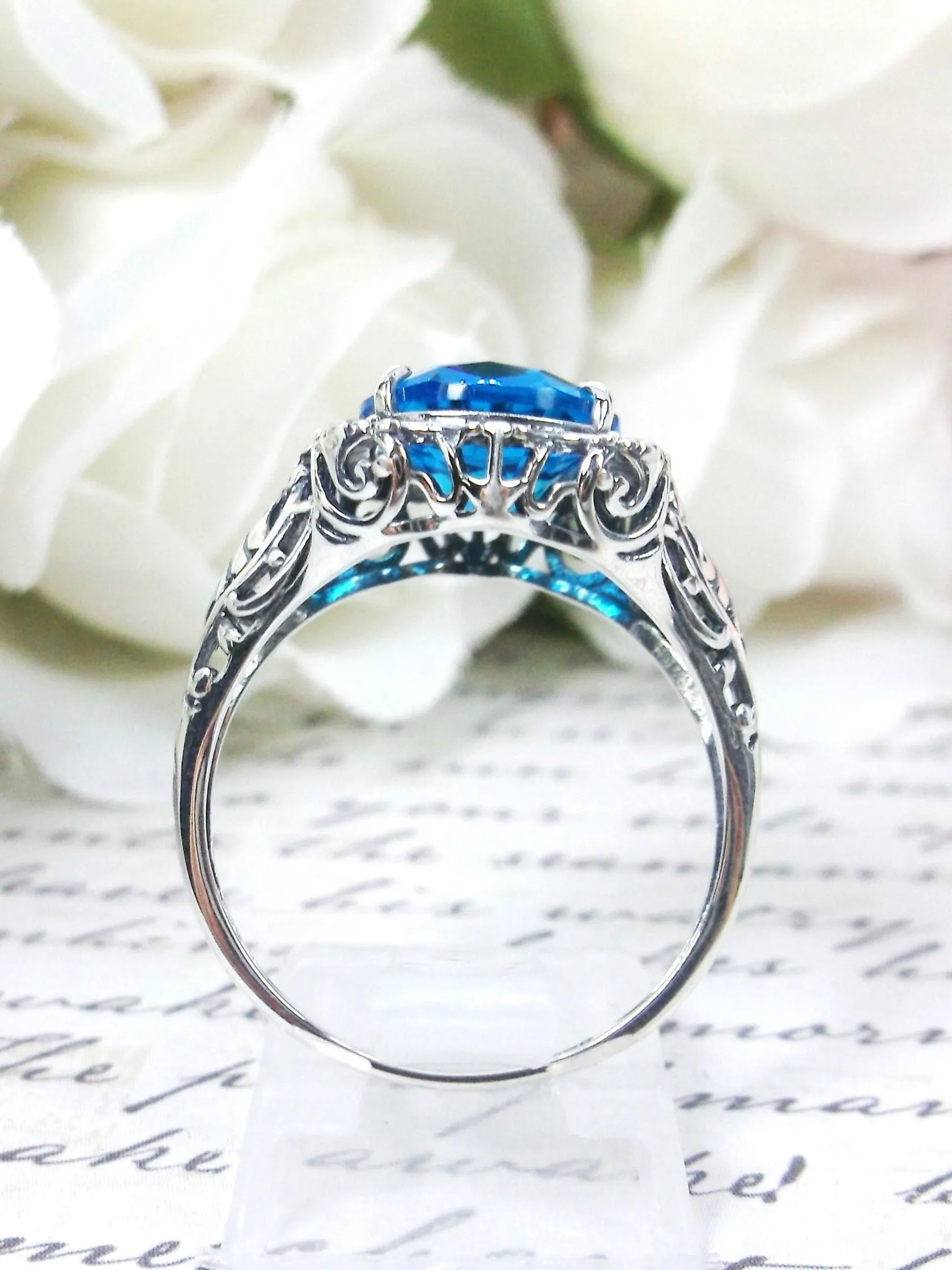 Swiss Blue Topaz Ring, Oval Art Nouveau Style, Vintage Sterling Silver Filigree Ring, Beauty Ring, D229