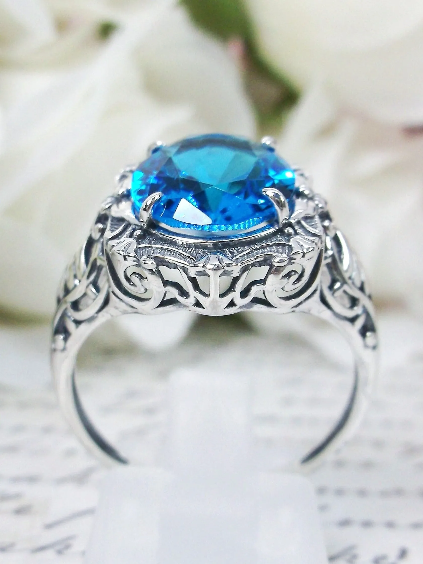 Swiss Blue Topaz Ring, Oval Art Nouveau Style, Vintage Sterling Silver Filigree Ring, Beauty Ring, D229