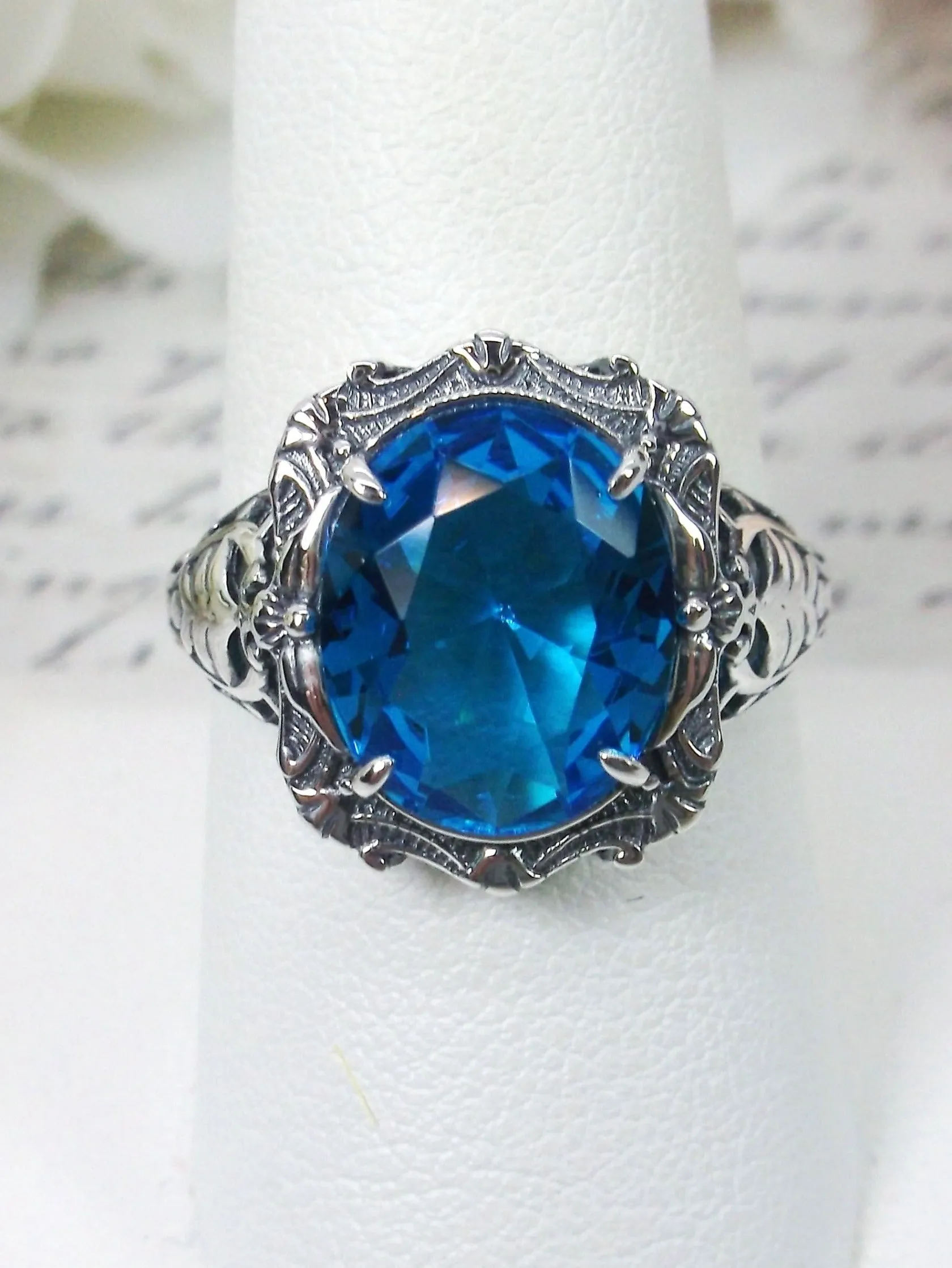 Swiss Blue Topaz Ring, Oval Art Nouveau Style, Vintage Sterling Silver Filigree Ring, Beauty Ring, D229