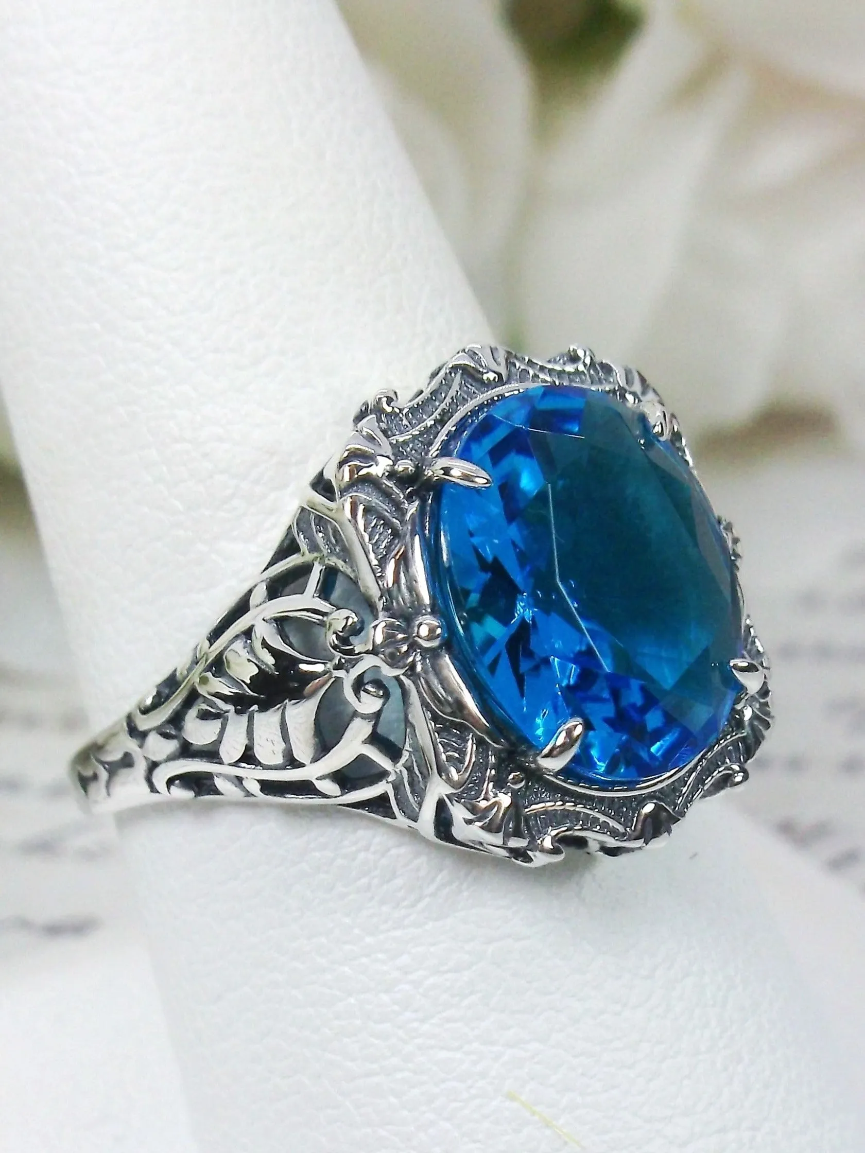 Swiss Blue Topaz Ring, Oval Art Nouveau Style, Vintage Sterling Silver Filigree Ring, Beauty Ring, D229