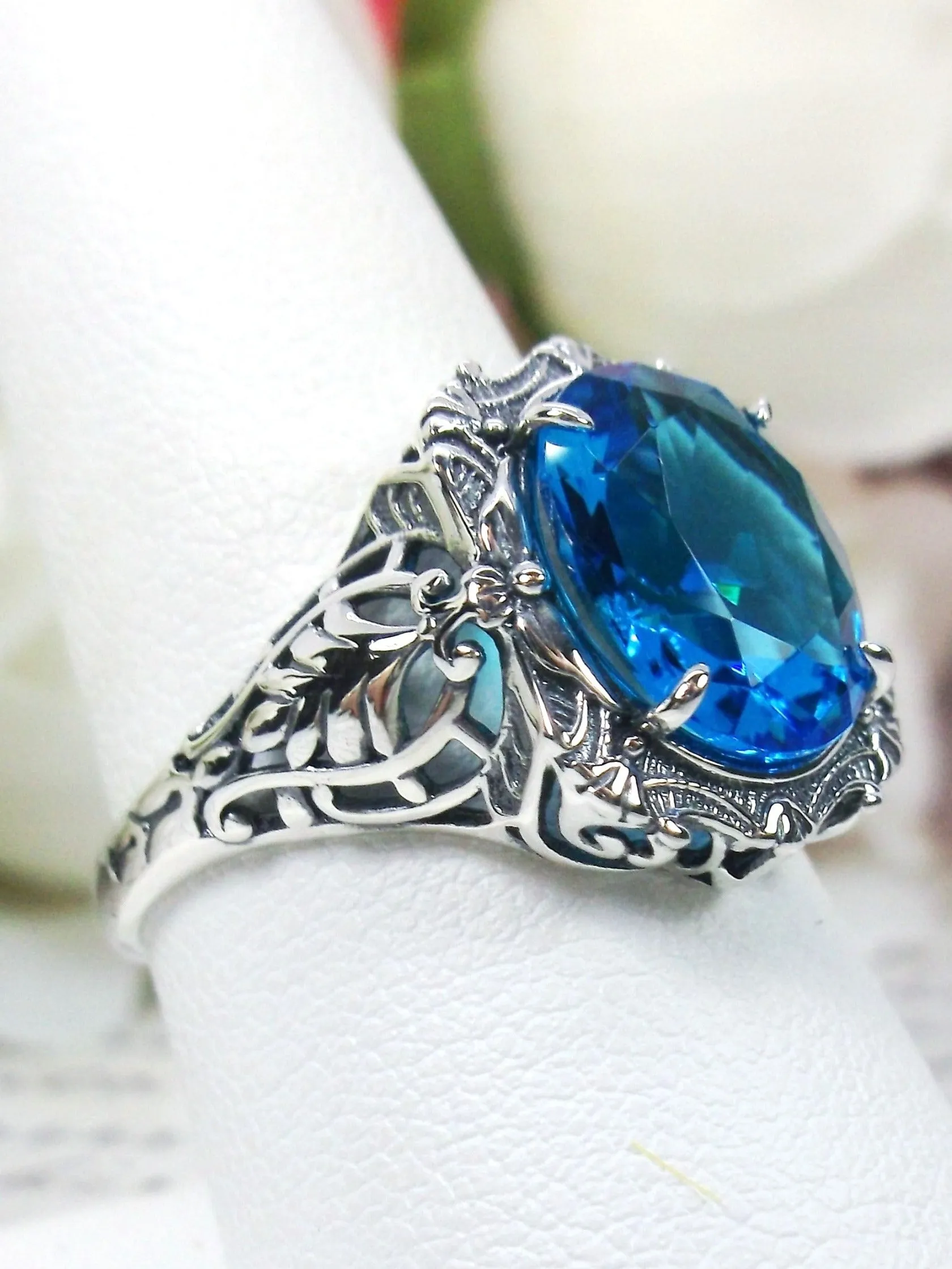 Swiss Blue Topaz Ring, Oval Art Nouveau Style, Vintage Sterling Silver Filigree Ring, Beauty Ring, D229