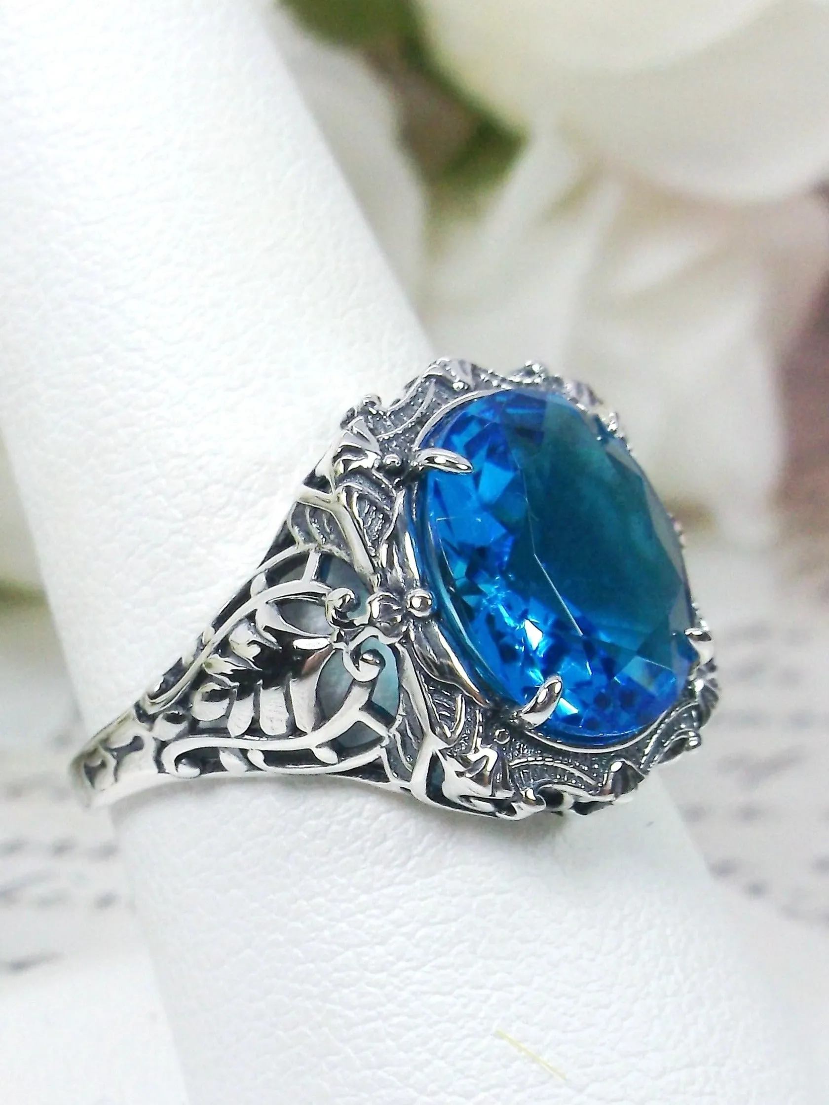 Swiss Blue Topaz Ring, Oval Art Nouveau Style, Vintage Sterling Silver Filigree Ring, Beauty Ring, D229
