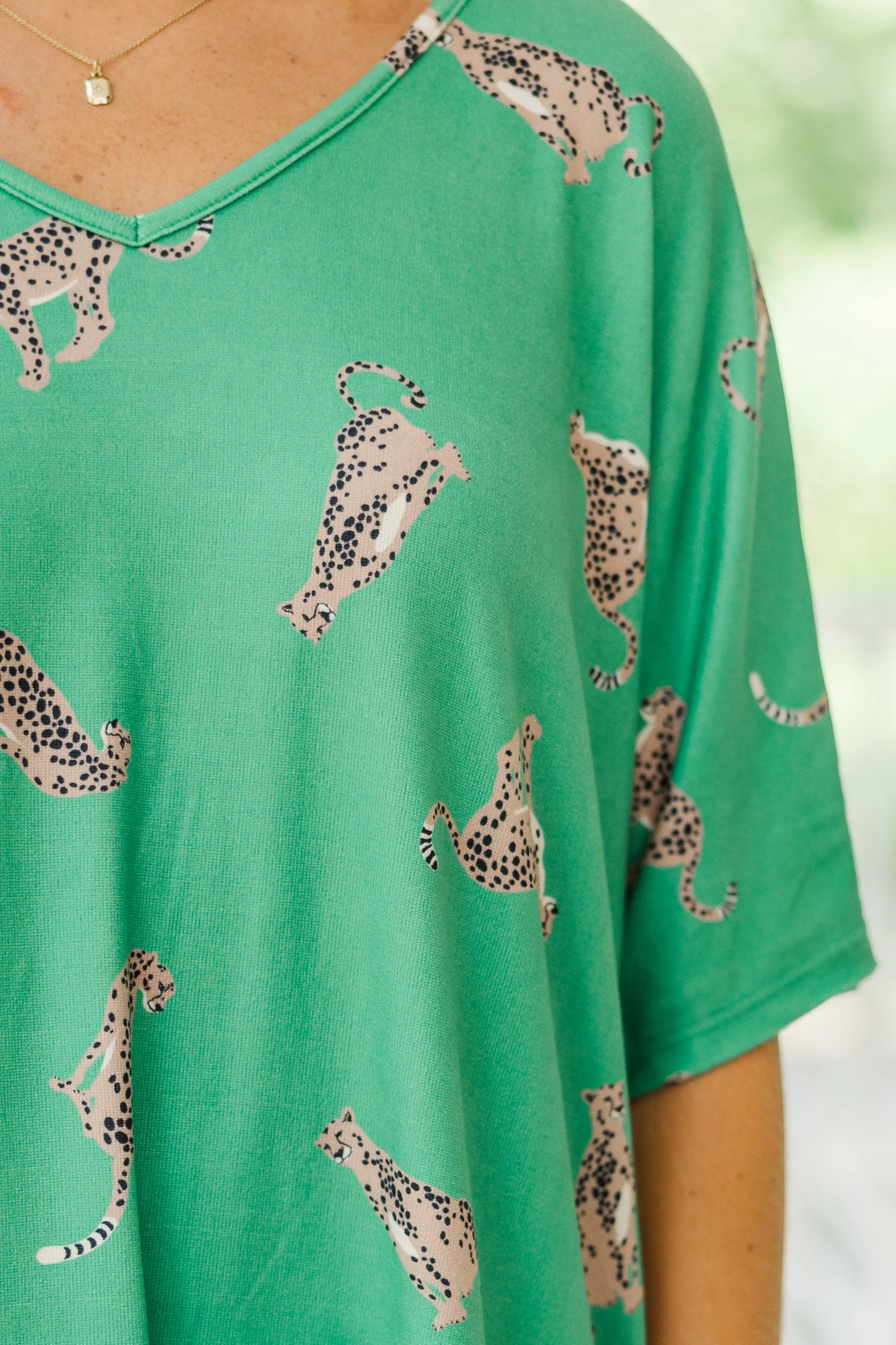 Take The Lead Kelly Green Cheetah Top