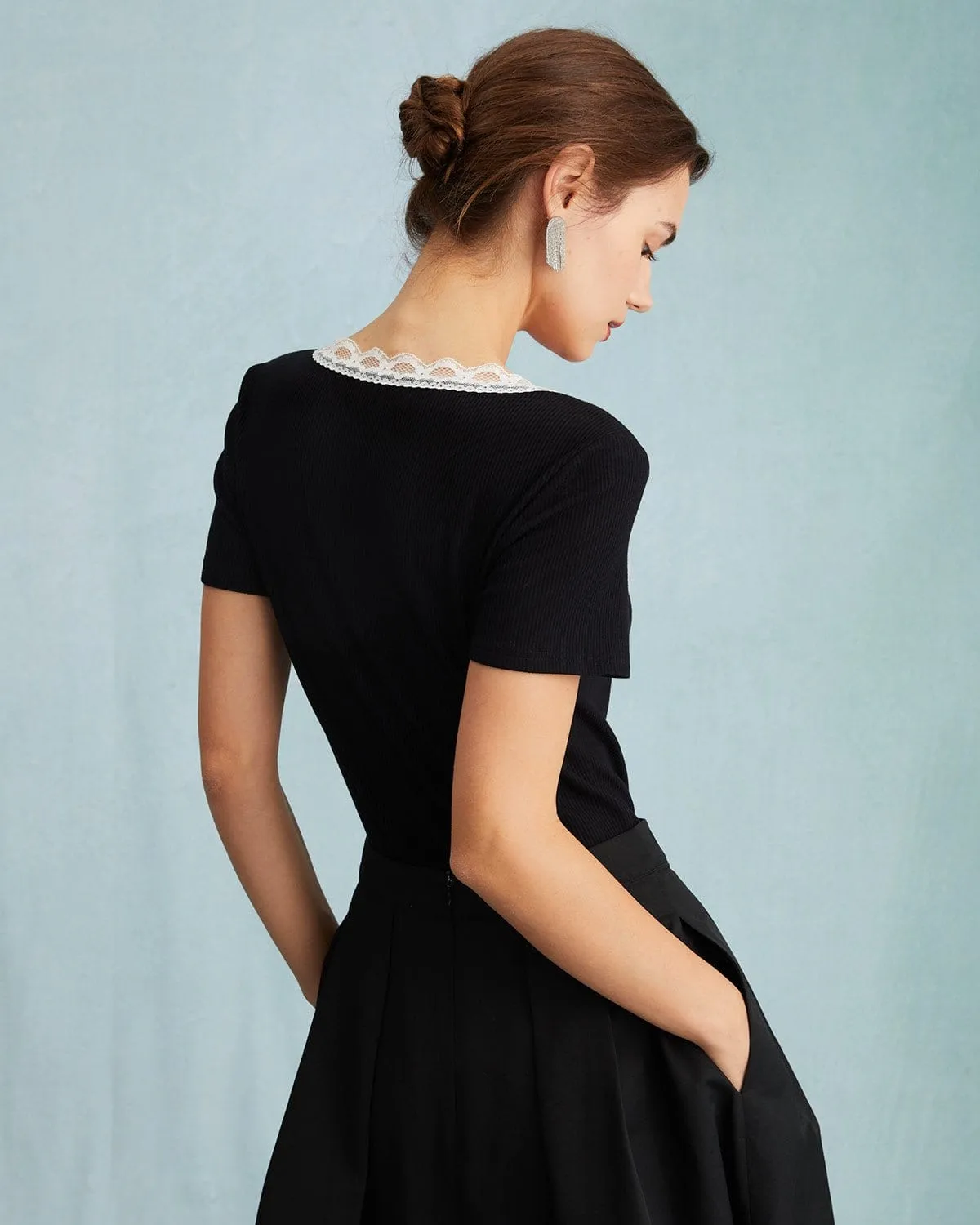 The Black Square Neck Ribbed Lace Trim Knit Tee