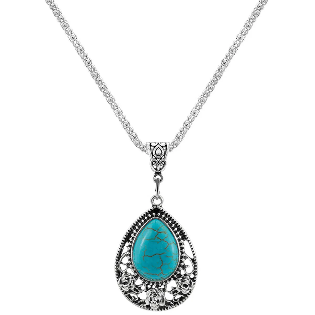 Turquoise & Silver-Plated Teardrop Earrings & Pendant Necklace