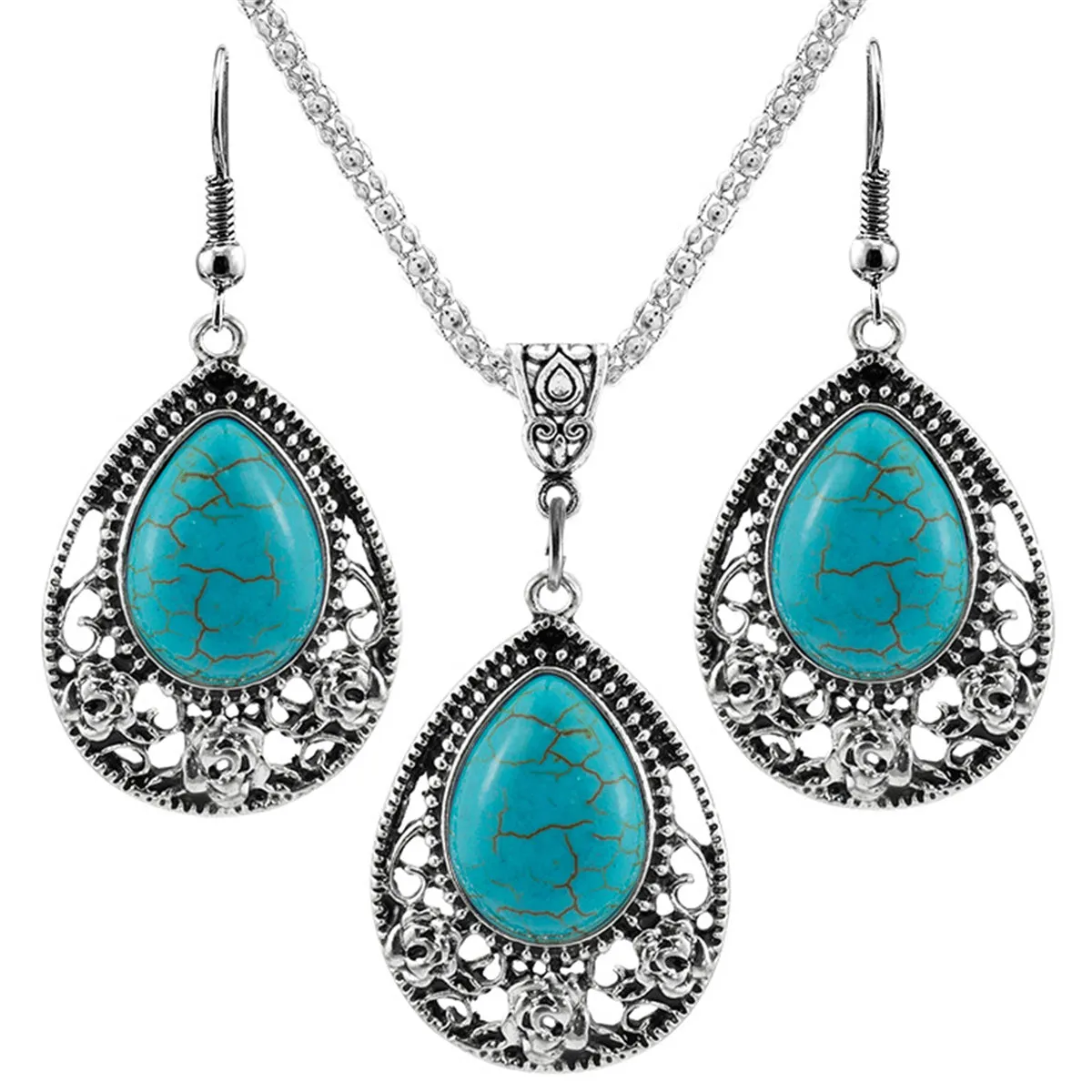 Turquoise & Silver-Plated Teardrop Earrings & Pendant Necklace