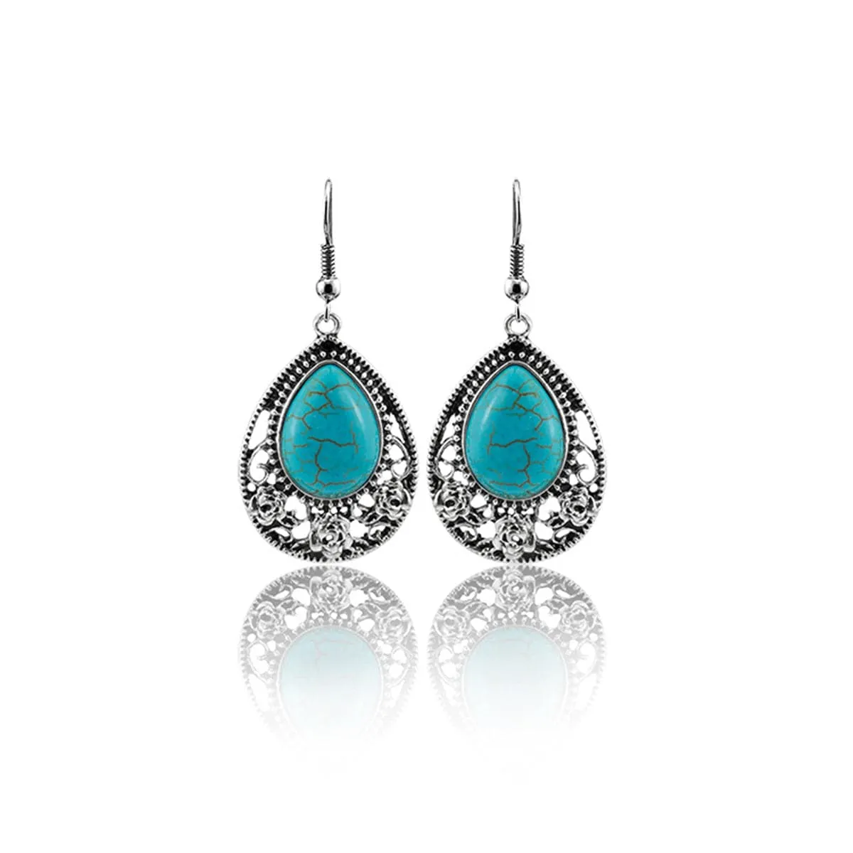 Turquoise & Silver-Plated Teardrop Earrings & Pendant Necklace