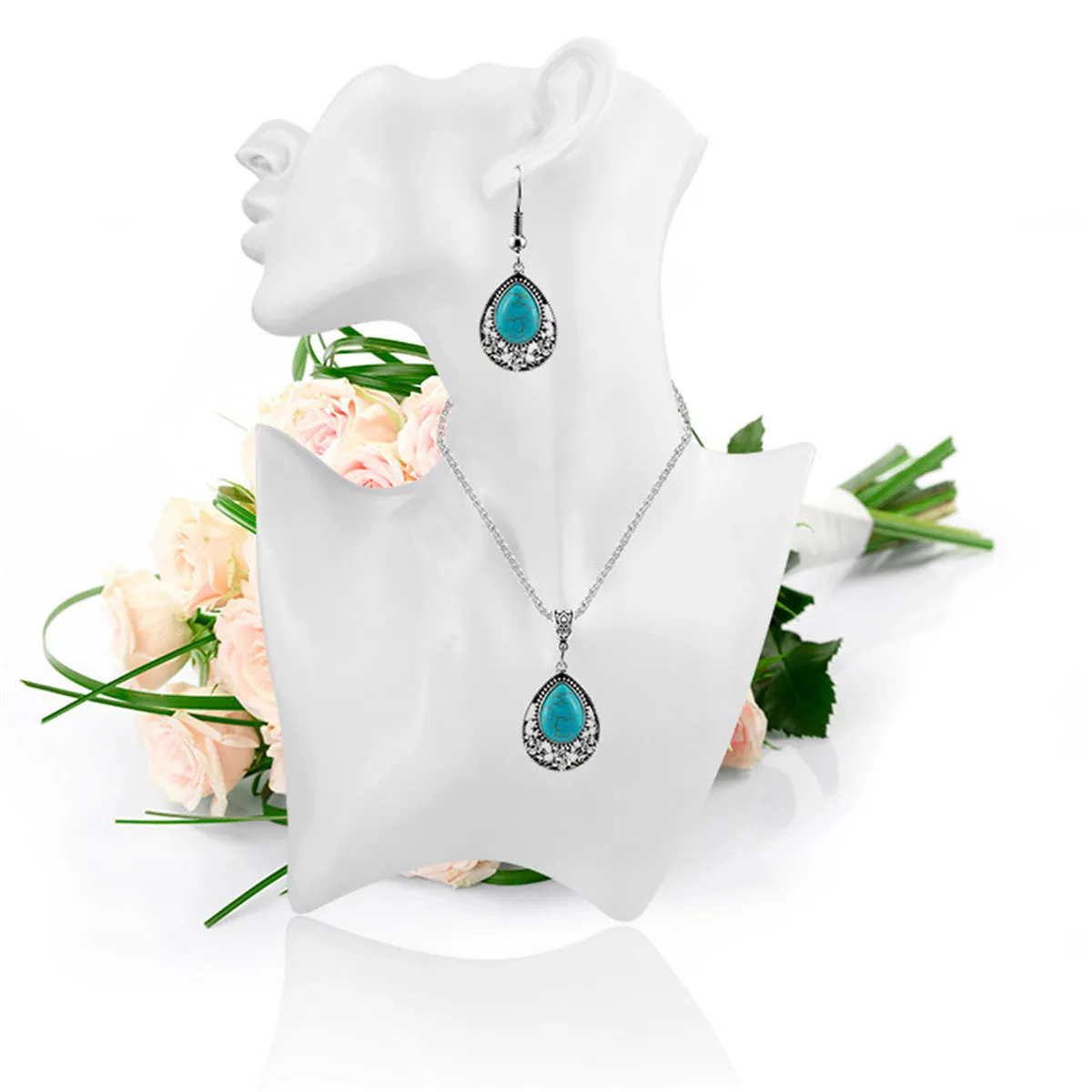 Turquoise & Silver-Plated Teardrop Earrings & Pendant Necklace